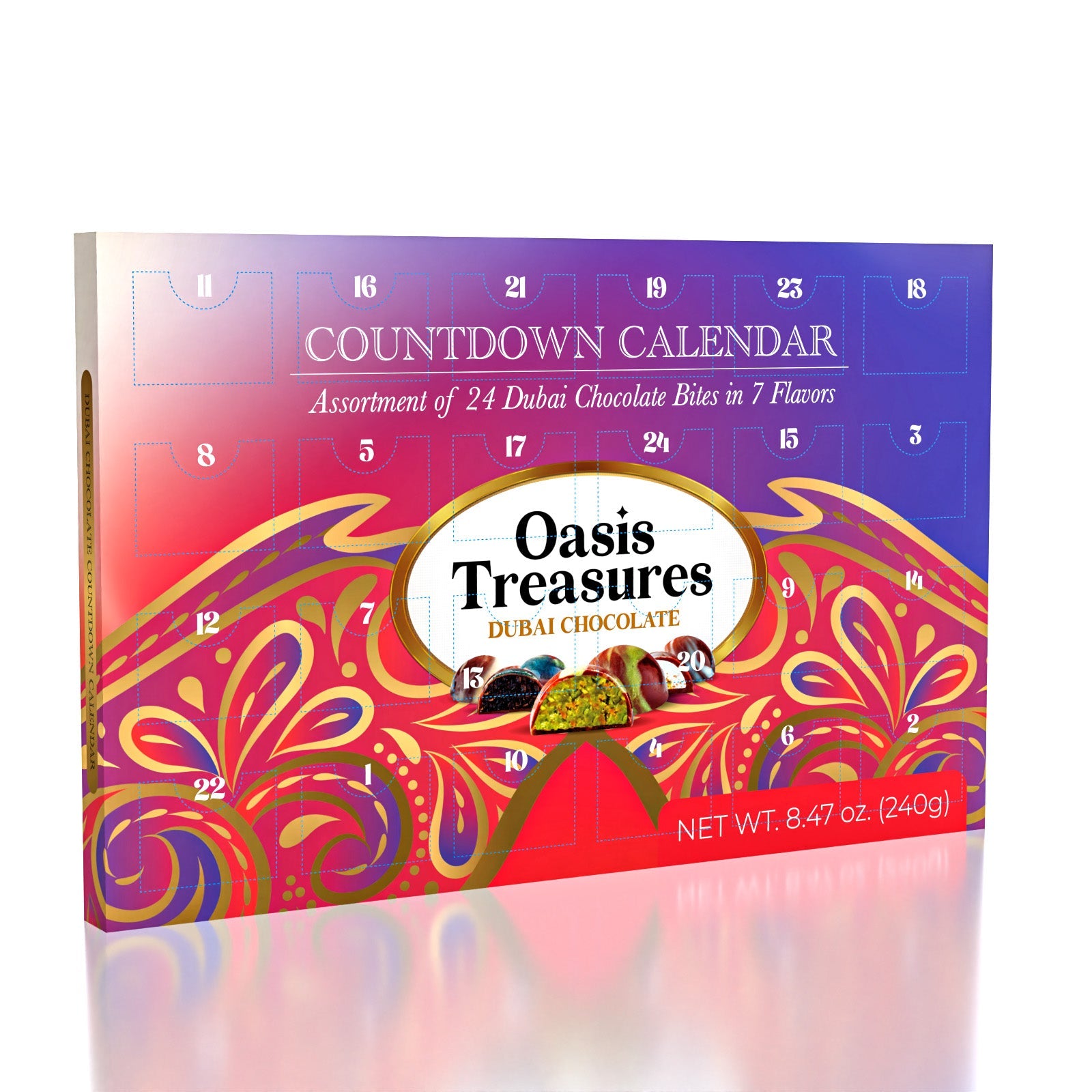 Dubai Chocolate Bites 24-Day Countdown Calendar by Oasis Treasures (240g) 7 Different Flavors! Simple Oasis Treasures