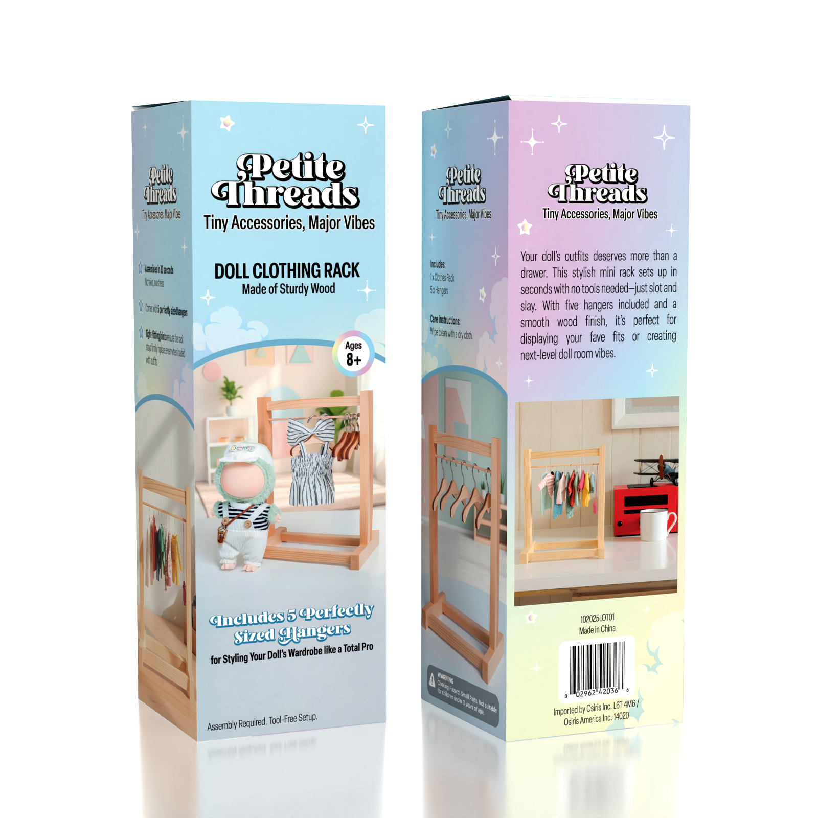 Wooden Clothing Rack For Dolls (Includes 5 Hangers) - Petite Threads Simple Exclusive