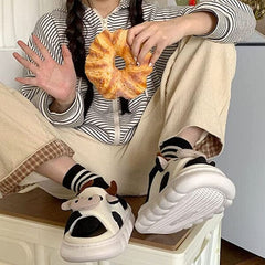 Cow Shhhandals Slippers | Unisex Linen Waffle Knit Plush Animal Slides | Multiple Sizes Simple Showcase