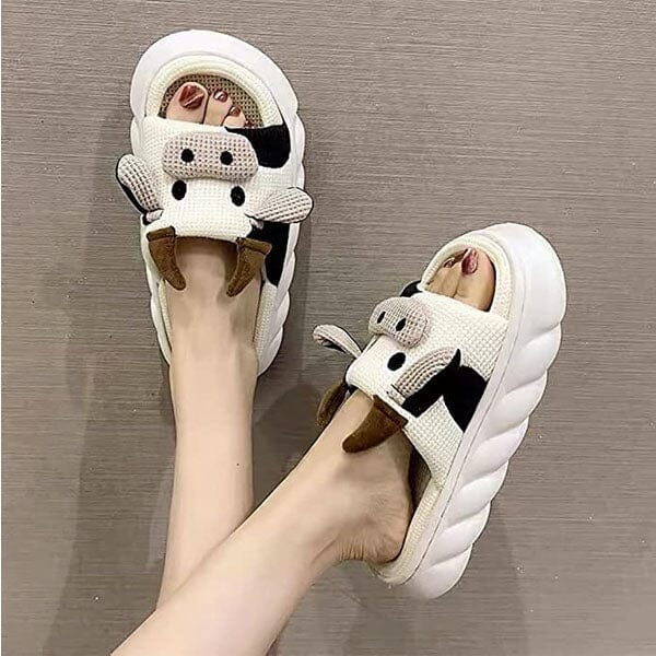 Cow Shhhandals Slippers | Unisex Linen Waffle Knit Plush Animal Slides | Multiple Sizes Simple Showcase