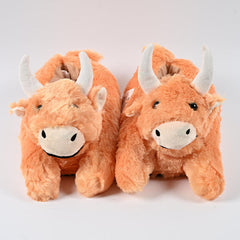 Fluffy Highland Cow Slippers Unisex Plush Rubber Sole Shoe (1 Pair) One-Size-Fits-Most