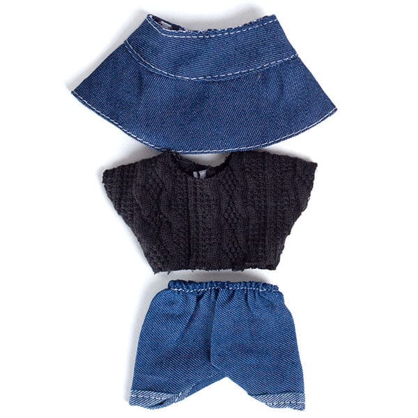 Outfit: Black Cable Knit Sweater & Jeans w/ Matching Denim Bucket Hat for Dolls - Petite Threads Simple Exclusive