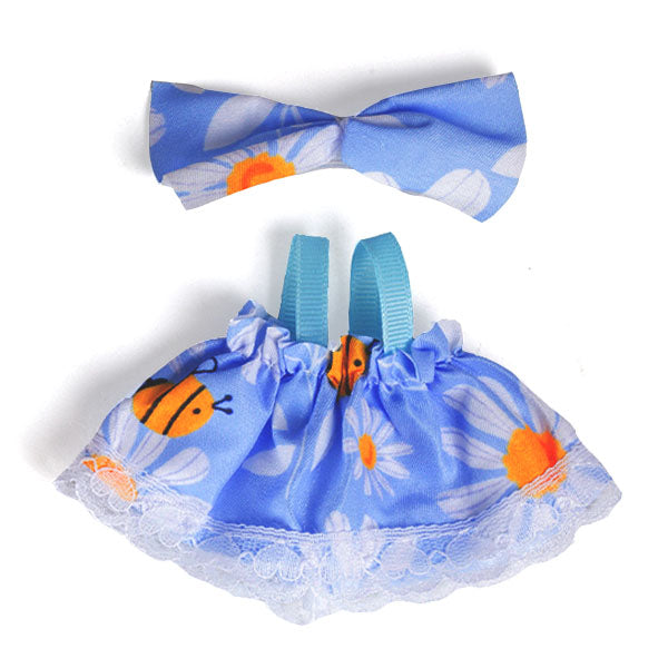 Outfit: Blue Bee Print Dress & Bow for Dolls - Petite Threads Simple Exclusive