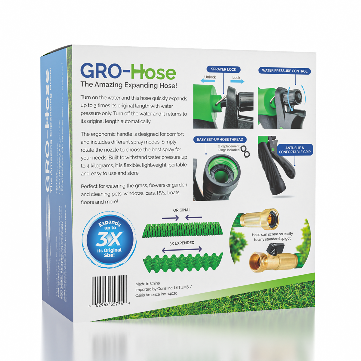 GRO-Hose GREEN | 75ft Expandable Hose With Sprayer Nozzle & Brass Valve