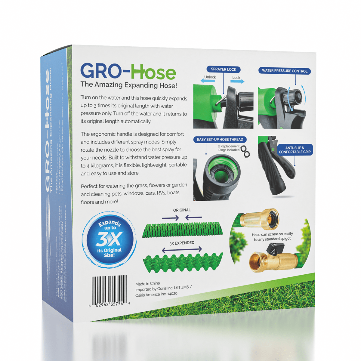 GRO-Hose GREEN 75ft Expandable Hose With Sprayer Nozzle & Brass Valve Simple Gro-Hose 