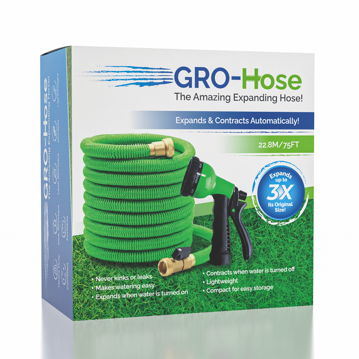 GRO-Hose GREEN 75ft Expandable Hose With Sprayer Nozzle & Brass Valve Simple Gro-Hose 