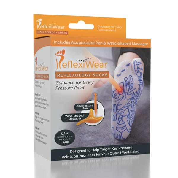 ReflexiWear Reflexology Socks Foot Pressure Point Guide Map (Multiple Sizes) 2 Massage Tools Included Simple Showcase 