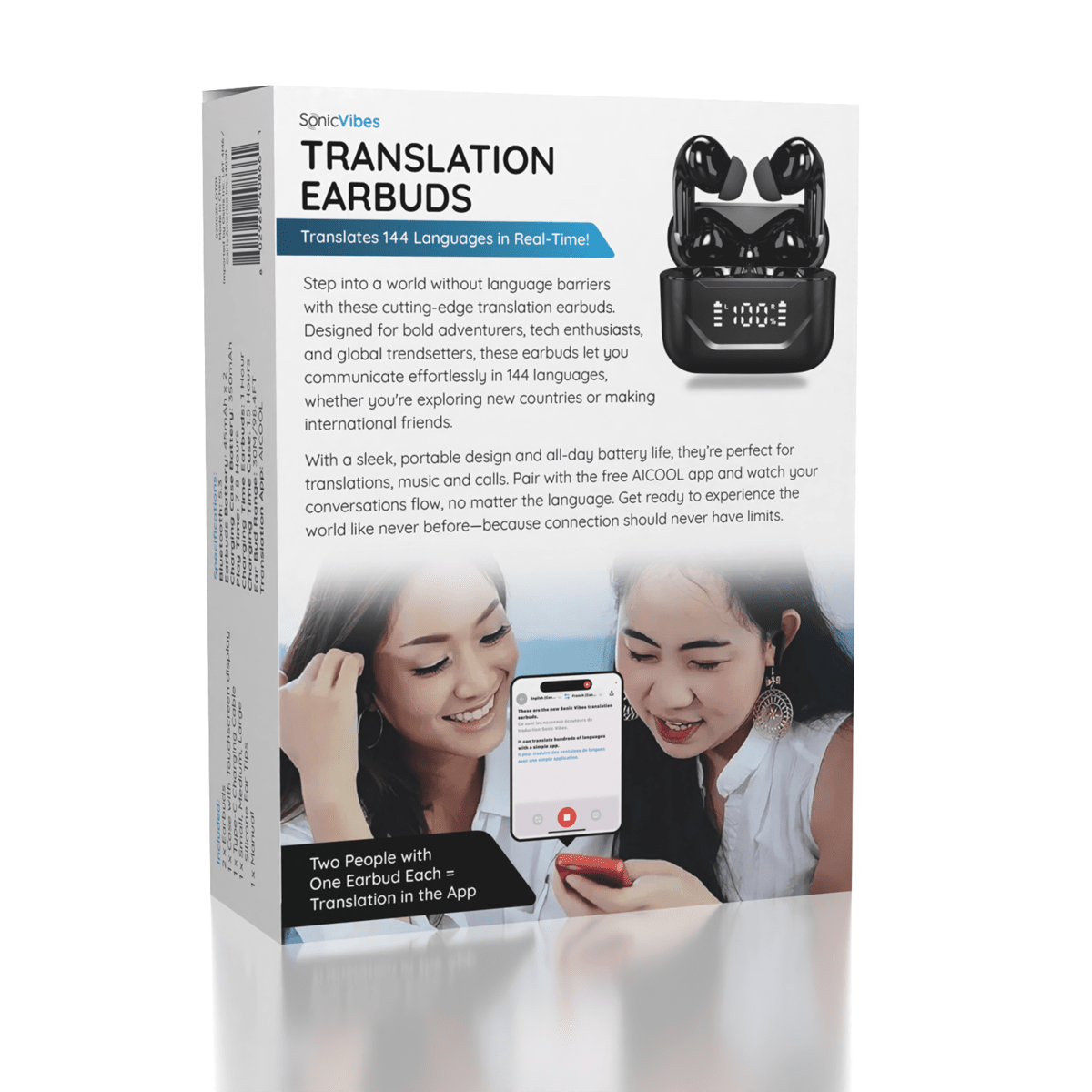 SonicVibes Real-Time Translation Earbuds w/ App (144 Languages) Simple Exclusive 