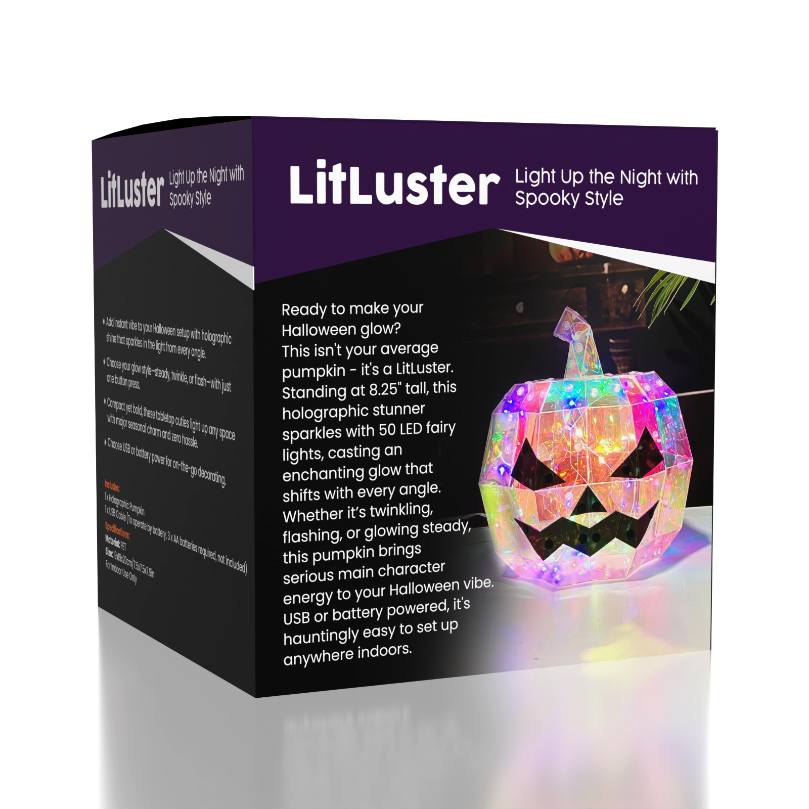 LitLuster LED Holographic Halloween Pumpkin Decor Lamp (1pc) Battery or USB