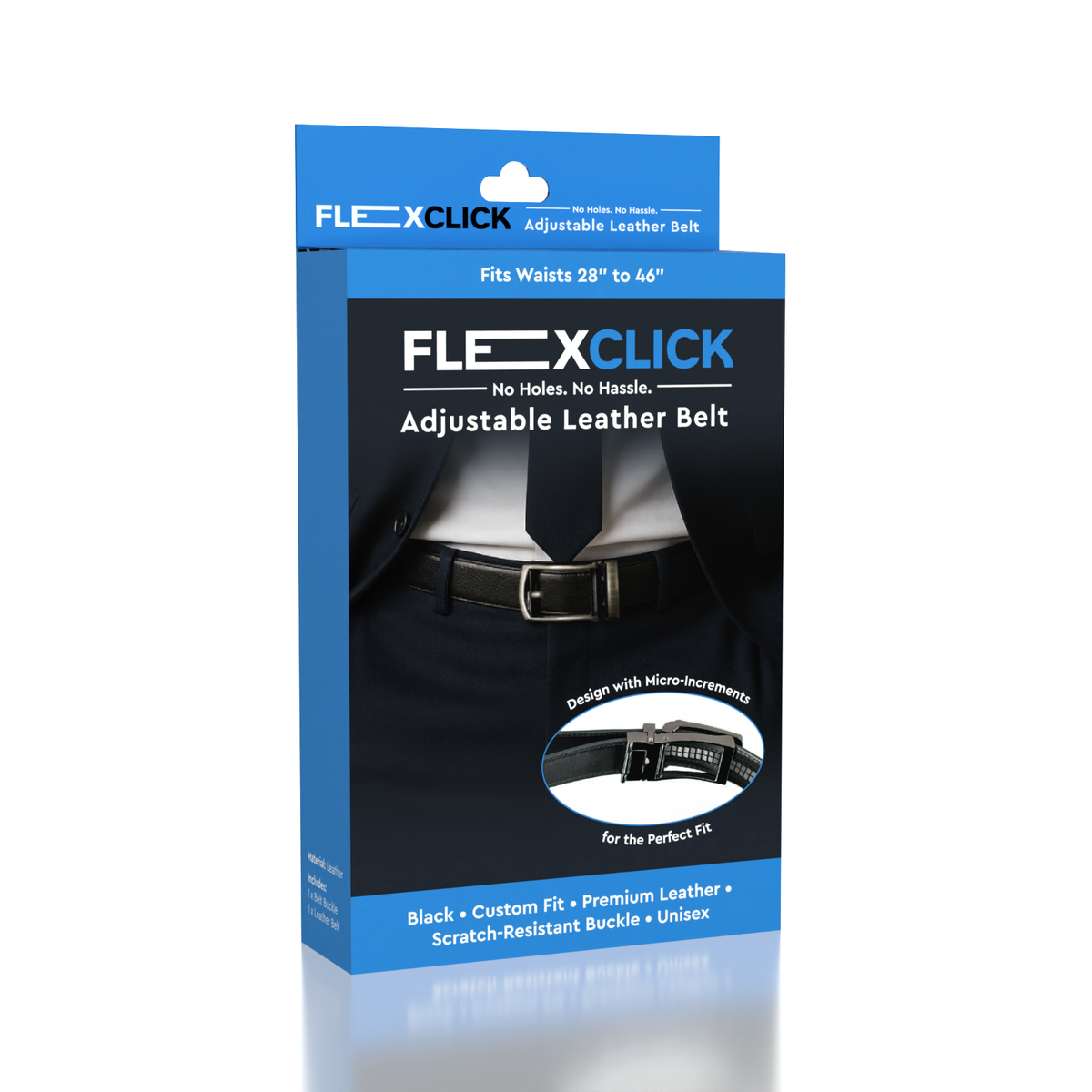 FlexClick Unisex Adjustable Micro-Increment Black Leather Belt (1pc) Fits 28" to 46" Waist