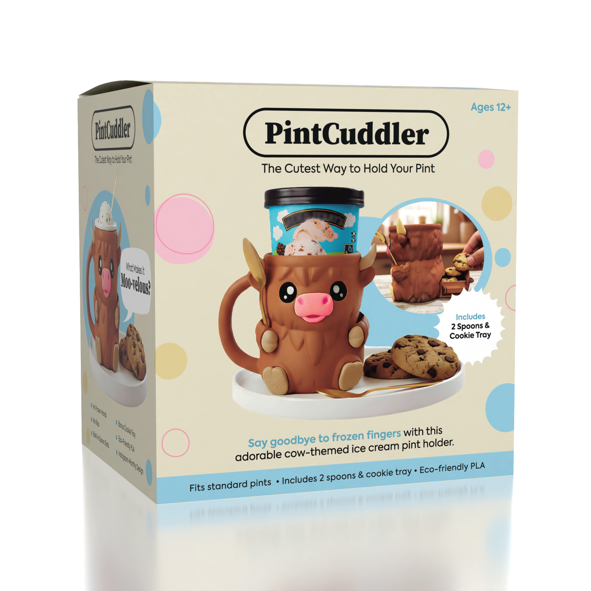 PintCuddler Cartoon Cow Ice Cream Pint Holder Kit (Includes 2 Spoons & Cookie Tray)