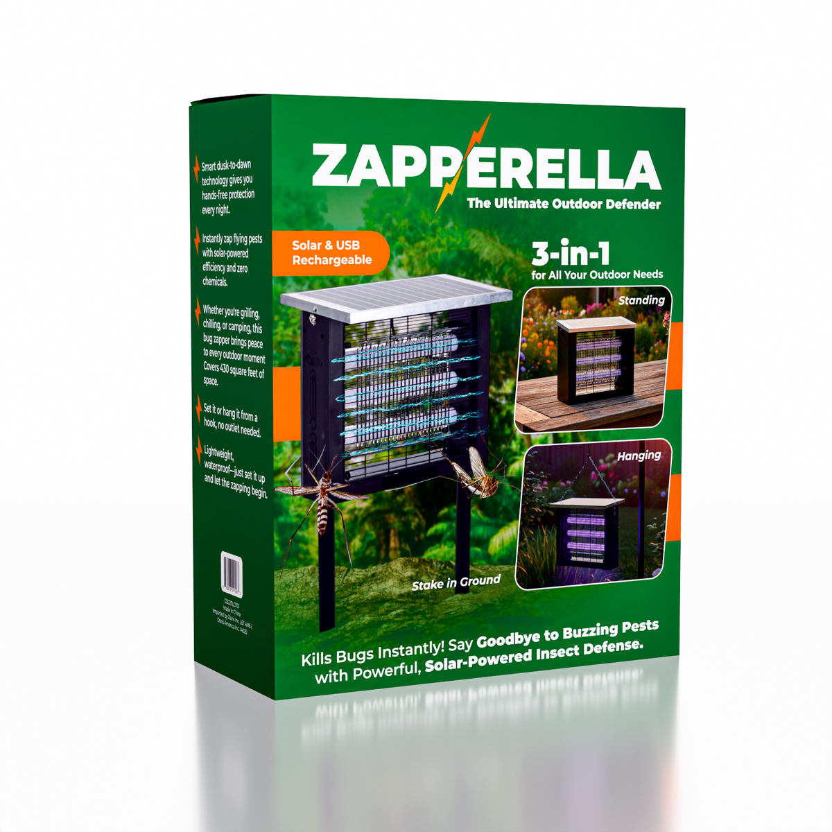 Zapperella 3-in-1 LED Solar Powered Bug Zapper
