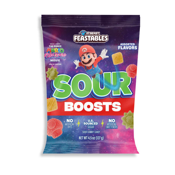 MrBeast Feastables Super Mario Sour Boosts Candy (4.5 oz) – Limited Edition Sour Gummies Simple MrBeast 