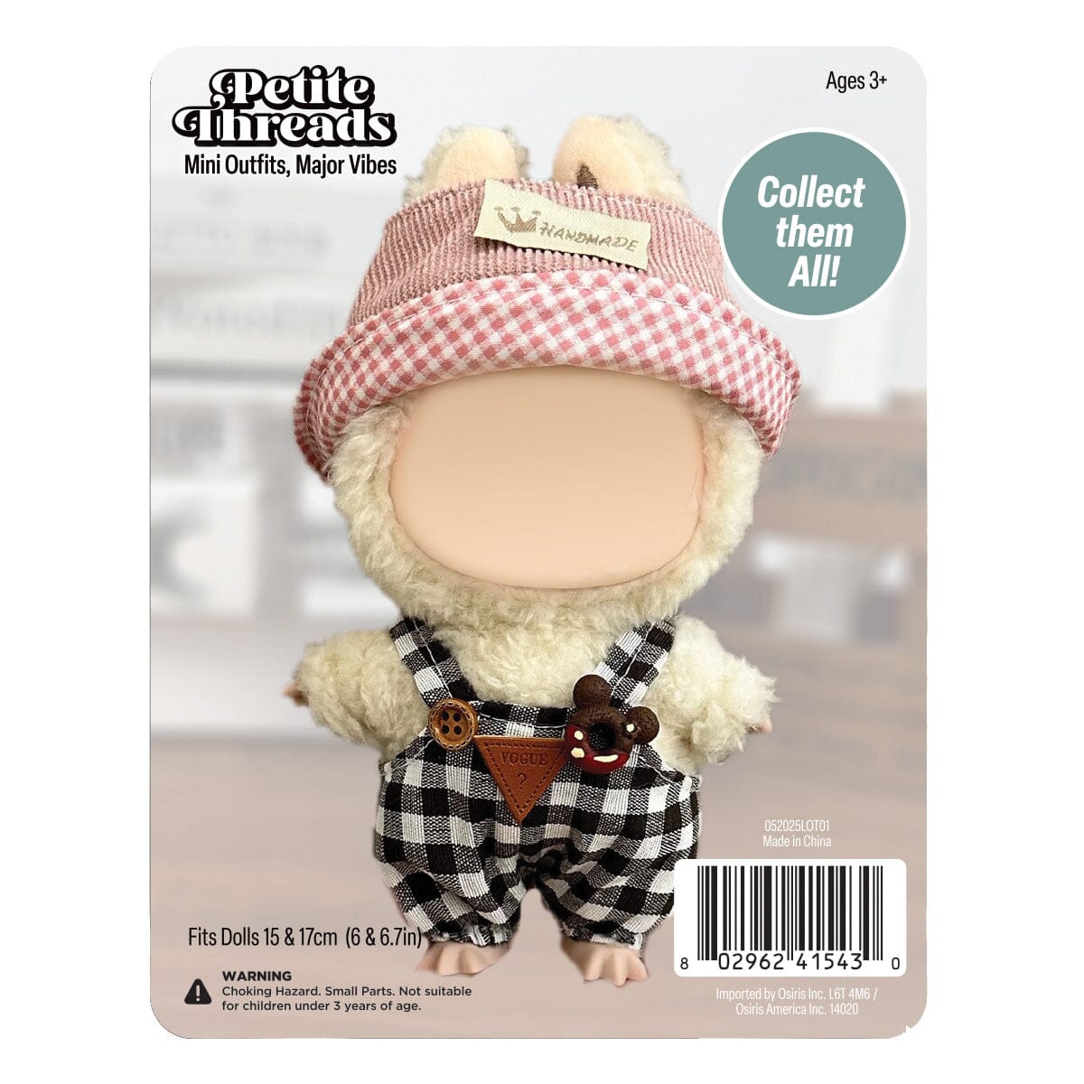 Outfit: “Country Cutie” Checkered Overalls & Gingham Hat for Dolls - Petite Threads Simple Exclusive 