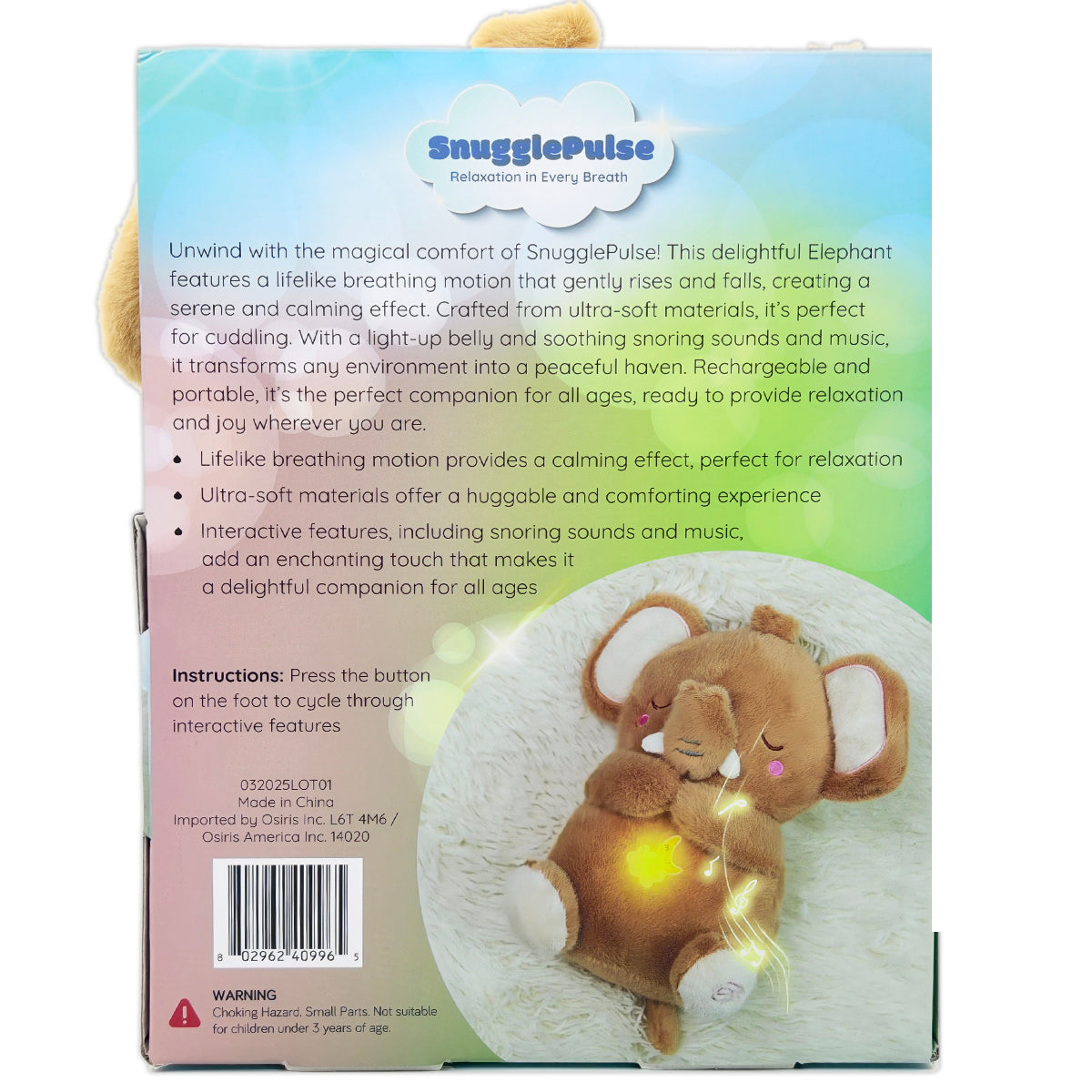 SnugglePulse: Peanut The Elephant 10" Breathing Sensory Plush Toy