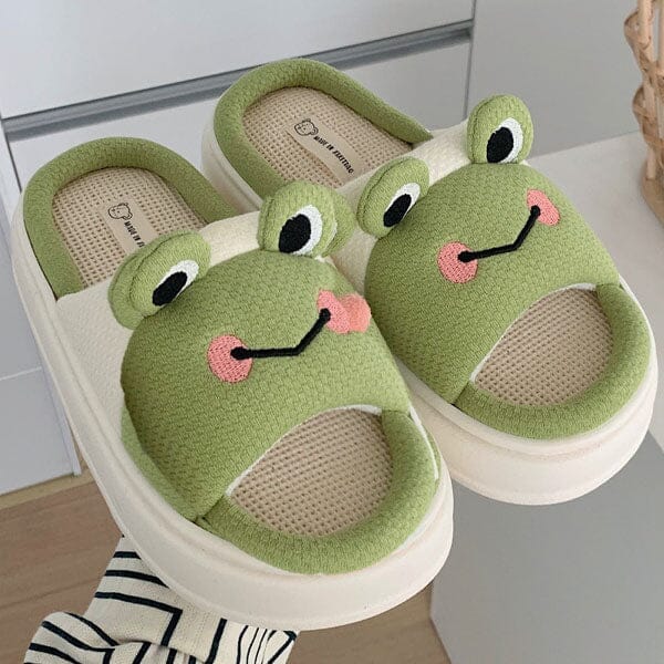 Frog Shhhandals Slippers | Unisex Linen Waffle Knit Plush Animal Slides | Multiple Sizes Simple Showcase 