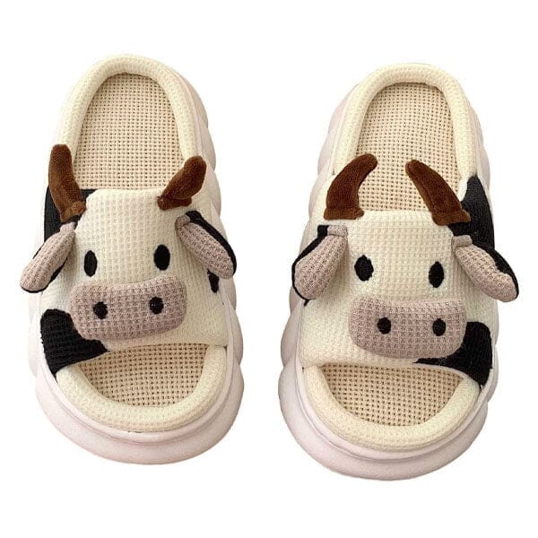 Cow Shhhandals Slippers | Unisex Linen Waffle Knit Plush Animal Slides | Multiple Sizes Simple Showcase 