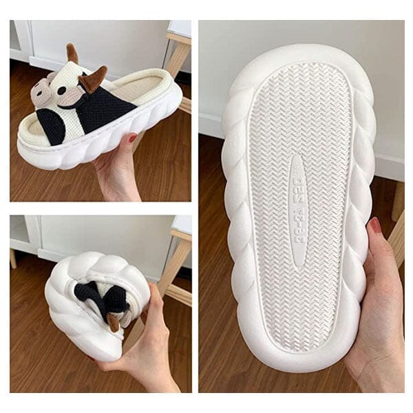 Cow Shhhandals Slippers | Unisex Linen Waffle Knit Plush Animal Slides | Multiple Sizes Simple Showcase 