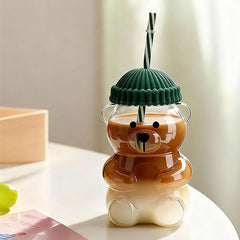 Teddy Bear Shaped 20oz Glass Tumbler w/ Hat Top & Reusable Straw (1pc) Color Ships Assorted