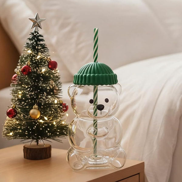 Teddy Bear Shaped 20oz Glass Tumbler w/ Hat Top & Straws (Includes 2 Colors) Simple Exclusive 