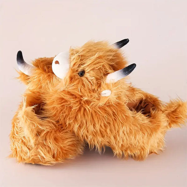 Fluffy Highland Cow Slippers Unisex Plush Rubber Sole Shoe (1 Pair) One-Size-Fits-Most