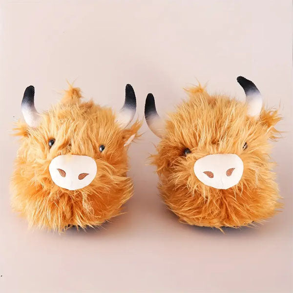 Fluffy Highland Cow Slippers Unisex Plush Rubber Sole Shoe (1 Pair) One-Size-Fits-Most
