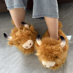 Fluffy Highland Cow Slippers Unisex Plush Rubber Sole Shoe (1 Pair) One-Size-Fits-Most