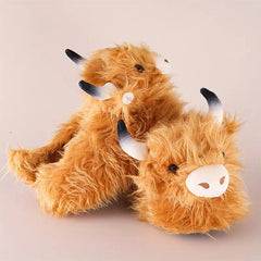 Fluffy Highland Cow Slippers Unisex Plush Rubber Sole Shoe (1 Pair) One-Size-Fits-Most