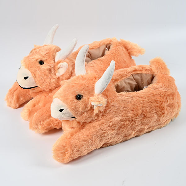 Fluffy Highland Cow Slippers Unisex Plush Rubber Sole Shoe (1 Pair) One-Size-Fits-Most