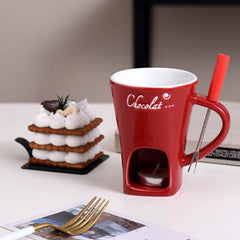 Fonduie Ceramic Mug For Chocolate & Cheese Fondue (Includes Fork & 3 Candles)