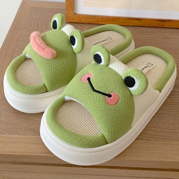 Frog Shhhandals Slippers | Unisex Linen Waffle Knit Plush Animal Slides | Multiple Sizes Simple Showcase 