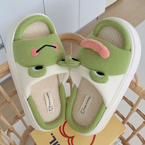 Frog Shhhandals Slippers | Unisex Linen Waffle Knit Plush Animal Slides | Multiple Sizes Simple Showcase 