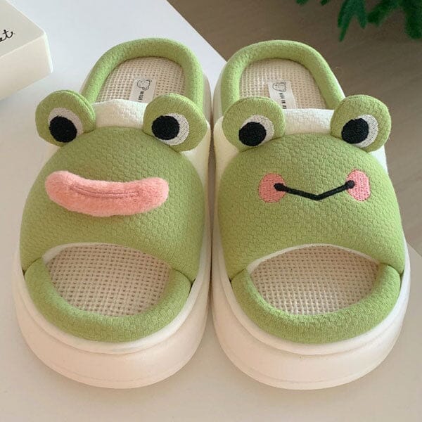 Frog Shhhandals Slippers | Unisex Linen Waffle Knit Plush Animal Slides | Multiple Sizes Simple Showcase 