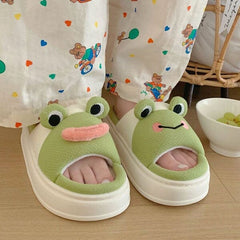 Frog Shhhandals Slippers | Unisex Linen Waffle Knit Plush Animal Slides | Multiple Sizes Simple Showcase 