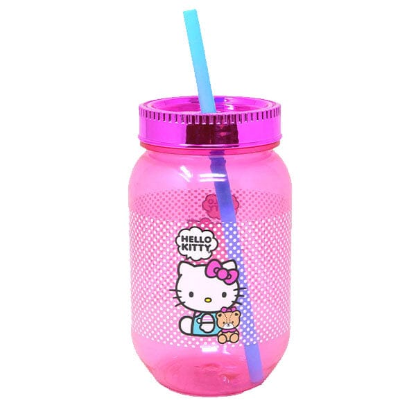 Hello Kitty Sanrio 18oz Teddy Bear Graphic Pink Mason Jar w/ Straw & Lid Simple Hello Kitty 