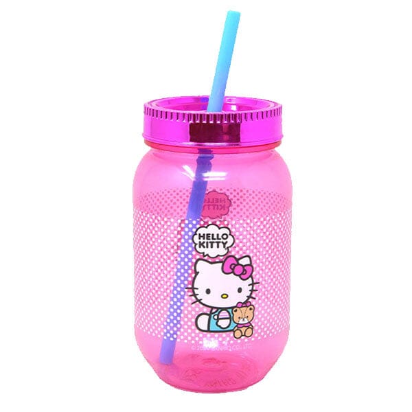 Hello Kitty Sanrio 18oz Teddy Bear Graphic Pink Mason Jar w/ Straw & Lid Simple Hello Kitty 