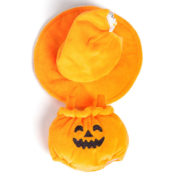 Outfit: Plush Halloween Pumpkin Costume & Matching Witch's Hat for Dolls - Petite Threads
