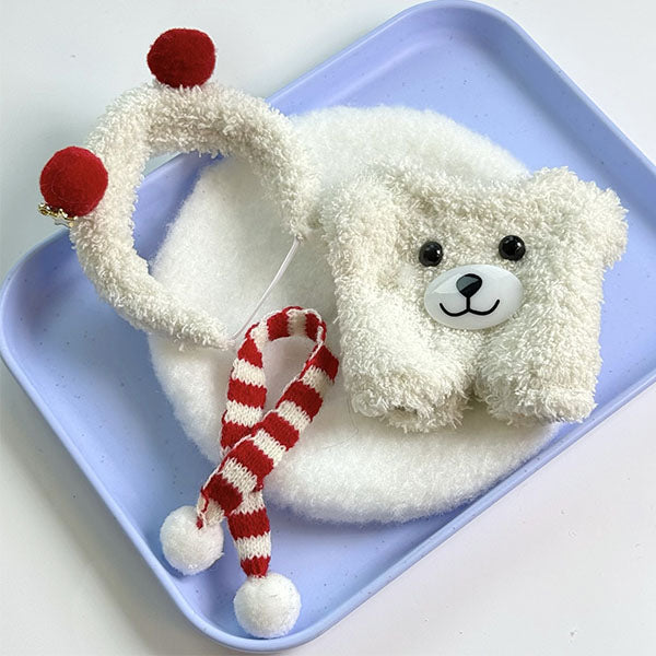 Outfit: Plush Polar Bear Onesie w/ Matching Headband & Scarf for Dolls - Petite Threads