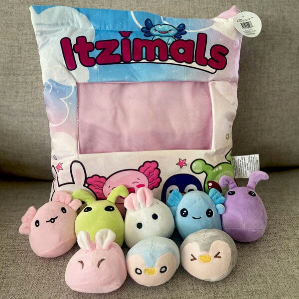 Itzimals Kawaii Snack Pillow Assorted Plush Animal Bag (Multiple Styles) Simple Showcase Fantasy Friends: Axolotl / Bunny / Penguin / Alien 