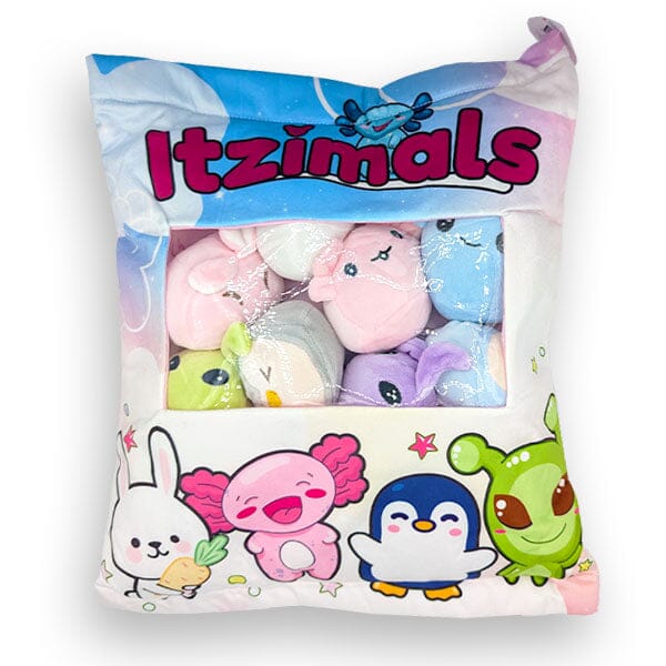 Itzimals Kawaii Snack Pillow Assorted Plush Animal Bag (Multiple Styles) Simple Showcase Fantasy Friends: Axolotl / Bunny / Penguin / Alien 