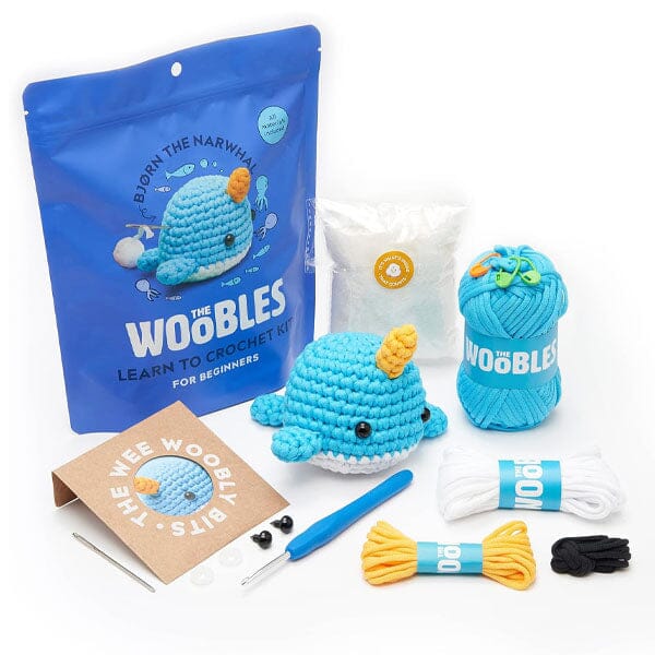 Woobles DIY Mini Crochet Plush Toy Complete Kit (Multiple Styles) Simple Showcase Bjorn the Narwhal 