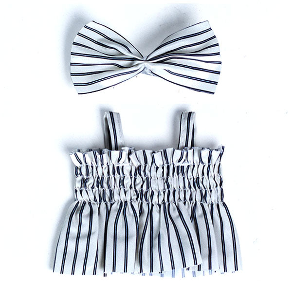 Outfit: Black & White Pin Striped Sun Dress w/ Matching Hair Bow for Dolls - Petite Threads