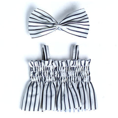 Outfit: Black & White Pin Striped Sun Dress w/ Matching Hair Bow for Dolls - Petite Threads