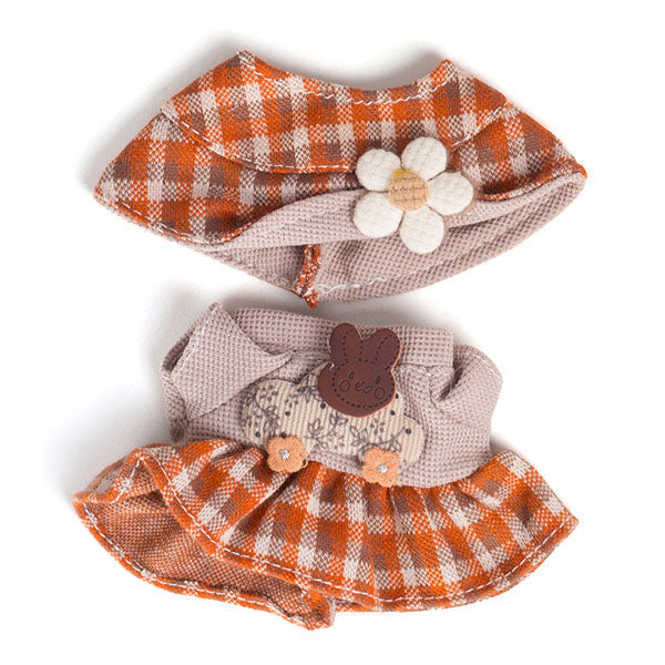 Outfit: Brown Plaid Skirt & Matching Hat w/ Grey Waffle Shirt for Dolls - Petite Threads