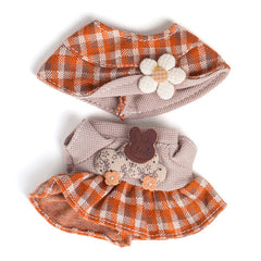 Outfit: Brown Plaid Skirt & Matching Hat w/ Grey Waffle Shirt for Dolls - Petite Threads