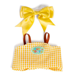 Outfit: Yellow Gingham Print Overalls & Bow for Dolls - Petite Threads