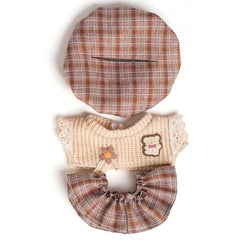 Outfit: Brown Tartan Skirt & Matching Bonnet w/ Knit Lace Top for Dolls - Petite Threads