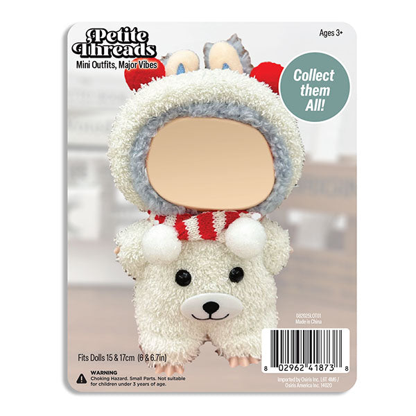 Outfit: Plush Polar Bear Onesie w/ Matching Headband & Scarf for Dolls - Petite Threads