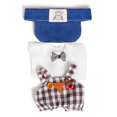 Outfit: Checkered Overalls & Matching Bowtie w/ Denim Visor for Dolls - Petite Threads