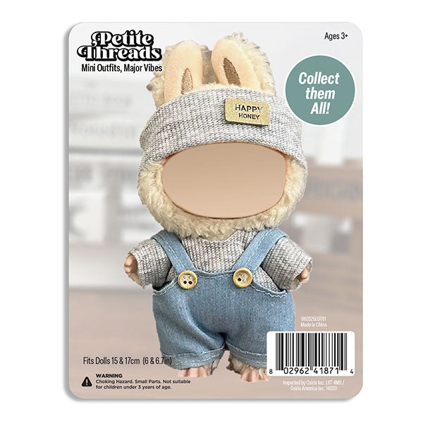 Outfit: Blue Denim Overalls & Knit Grey Top w/ Matching Headband for Dolls - Petite Threads